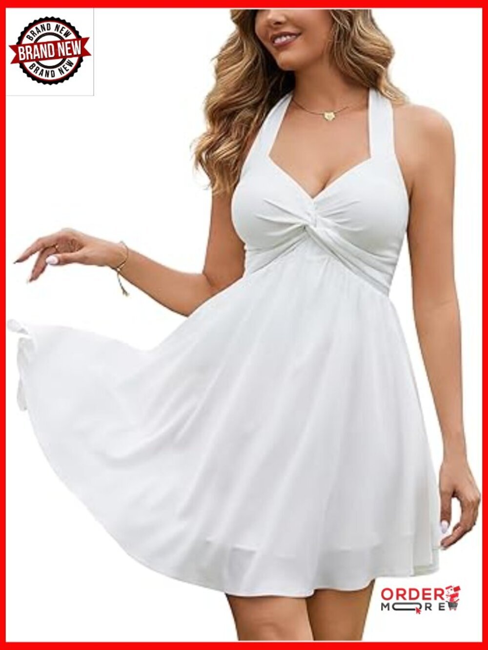Chic Halter Twist Front Mini Sundress Smocked Back Flowy A-Line